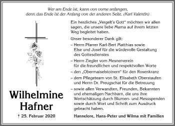 Traueranzeige von Wilhelmine Hafner von Allgäuer Anzeigeblatt