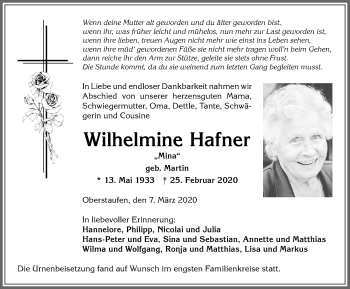 Traueranzeige von Wilhelmine Hafner von Allgäuer Anzeigeblatt