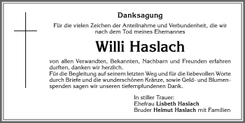 Traueranzeige von Willi Haslach von Allgäuer Zeitung,Kempten