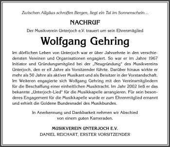 Traueranzeige von Wolfgang Gehring von Allgäuer Anzeigeblatt