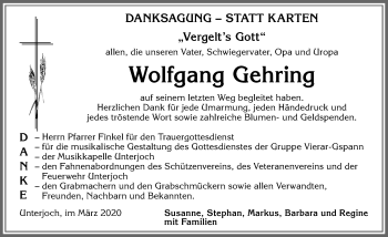 Traueranzeige von Wolfgang Gehring von Allgäuer Anzeigeblatt