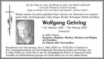 Traueranzeige von Wolfgang Gehring von Allgäuer Anzeigeblatt