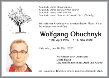Traueranzeige von Wolfgang Obuchnyk von Allgäuer Anzeigeblatt