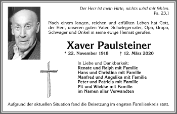Traueranzeige von Xaver Paulsteiner von Allgäuer Zeitung, Füssen
