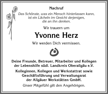 Traueranzeige von Yvonne Herz von Allgäuer Anzeigeblatt