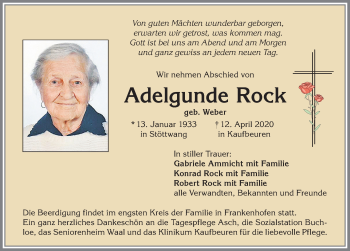 Traueranzeige von Adelgunde Rock von Allgäuer Zeitung, Kaufbeuren/Buchloe