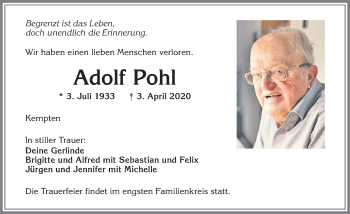 Traueranzeige von Adolf Pohl von Allgäuer Zeitung,Kempten
