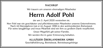 Traueranzeige von Adolf Pohl von Allgäuer Zeitung,Kempten