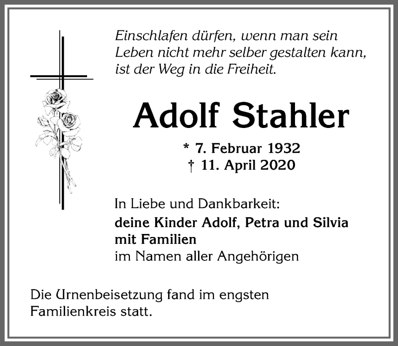  Traueranzeige für Adolf Stahler vom 25.04.2020 aus Allgäuer Zeitung,Kempten