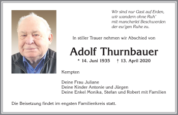 Traueranzeige von Adolf Thurnbauer von Allgäuer Zeitung,Kempten