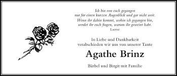 Traueranzeige von Agathe Brinz von Der Westallgäuer