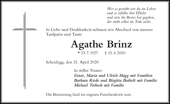 Traueranzeige von Agathe Brinz von Der Westallgäuer