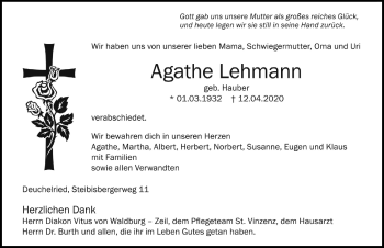 Traueranzeige von Agathe Lehmann von Der Westallgäuer