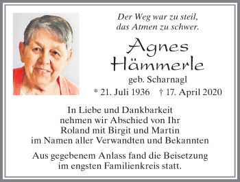 Traueranzeige von Agnes Hämmerle von Allgäuer Zeitung, Marktoberdorf