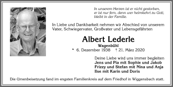 Traueranzeige von Albert Lederle von Allgäuer Zeitung,Kempten