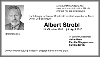 Traueranzeige von Albert Strobl von Memminger Zeitung