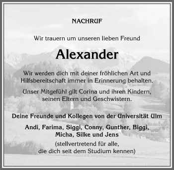 Traueranzeige von Alexander  von Allgäuer Anzeigeblatt