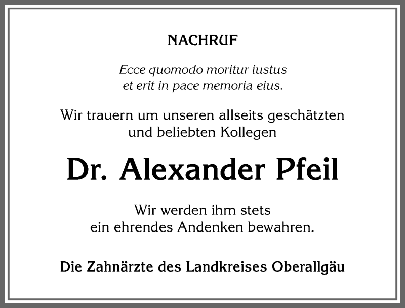  Traueranzeige für Alexander Pfeil vom 08.04.2020 aus Allgäuer Anzeigeblatt