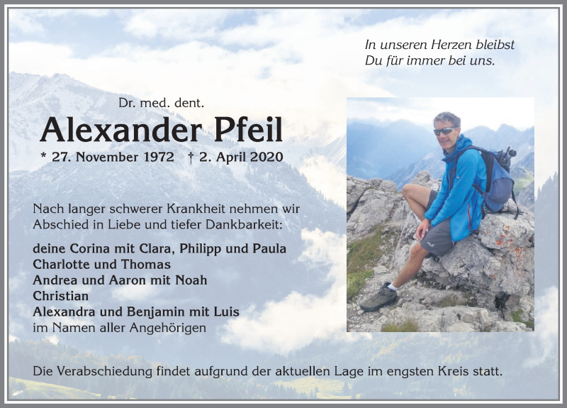  Traueranzeige für Alexander Pfeil vom 08.04.2020 aus Allgäuer Anzeigeblatt