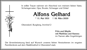Traueranzeige von Alfons Gelhard von Allgäuer Anzeigeblatt