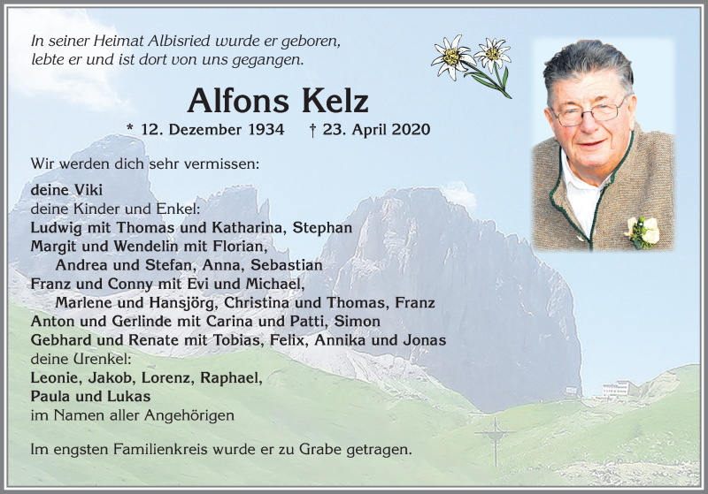  Traueranzeige für Alfons Kelz vom 29.04.2020 aus Allgäuer Zeitung