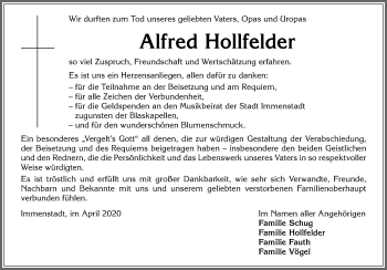 Traueranzeige von Alfred Hollfelder von Allgäuer Anzeigeblatt