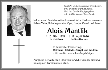 Traueranzeige von Alois Mantlik von Allgäuer Zeitung, Kaufbeuren/Buchloe