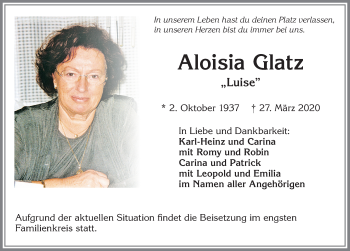 Traueranzeige von Aloisia Glatz von Allgäuer Zeitung, Kaufbeuren/Buchloe