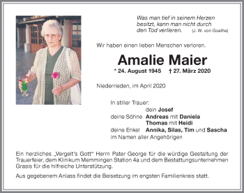 Traueranzeige von Amalie Maier von Memminger Zeitung