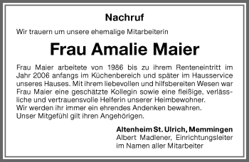 Traueranzeige von Amalie Maier von Memminger Zeitung