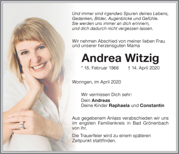 Traueranzeige von Andrea Witzig von Memminger Zeitung
