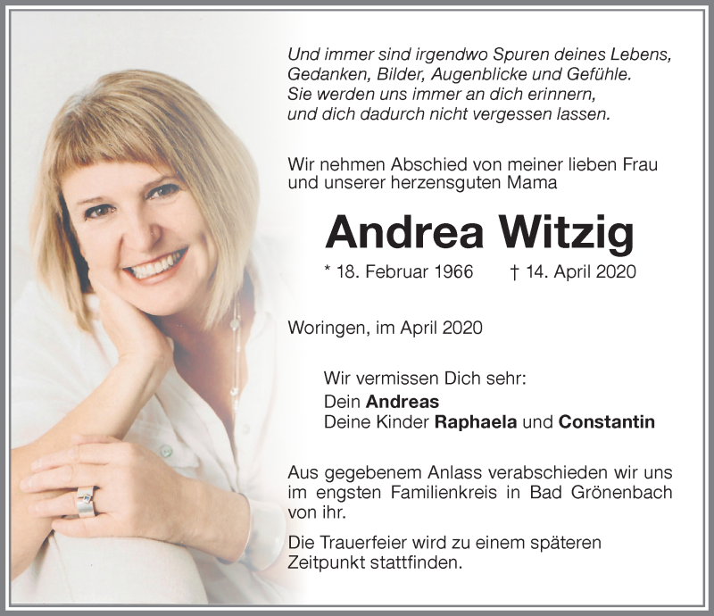  Traueranzeige für Andrea Witzig vom 17.04.2020 aus Memminger Zeitung