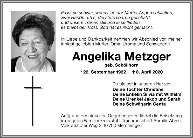  Traueranzeige für Angelika Metzger vom 11.04.2020 aus Memminger Zeitung