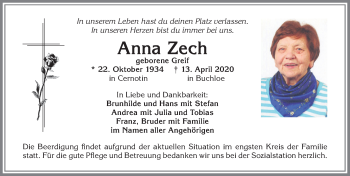 Traueranzeige von Anna Zech von Allgäuer Zeitung, Kaufbeuren/Buchloe