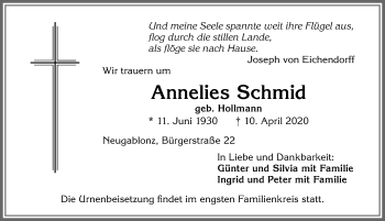 Traueranzeige von Annelies Schmid von Allgäuer Zeitung, Kaufbeuren/Buchloe