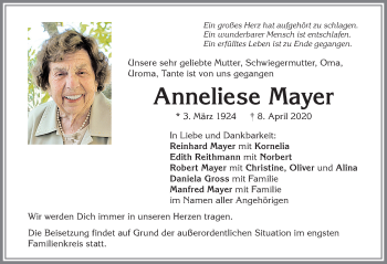 Traueranzeige von Anneliese Mayer von Allgäuer Zeitung,Kempten