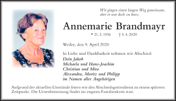 Traueranzeige von Annemarie Brandmayr von Der Westallgäuer