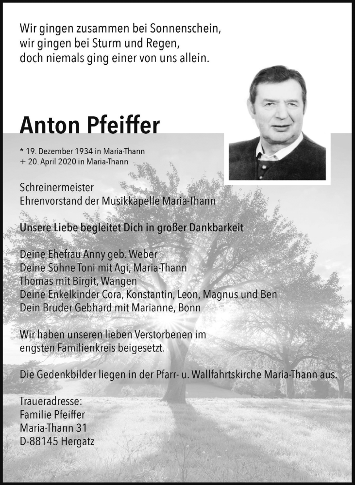  Traueranzeige für Anton Pfeiffer vom 24.04.2020 aus Der Westallgäuer