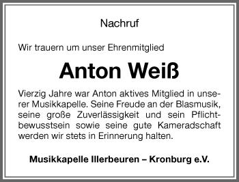 Traueranzeige von Anton Weiß von Memminger Zeitung