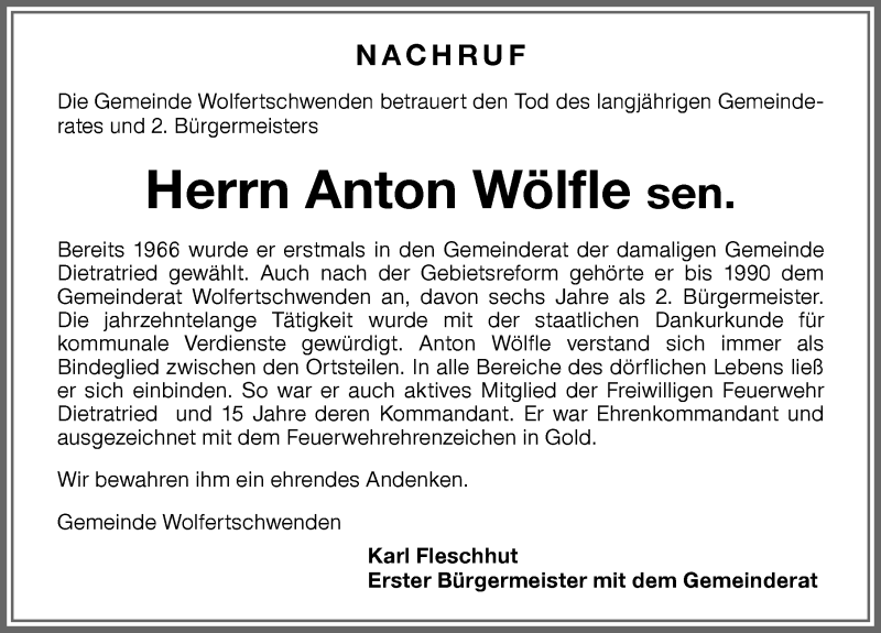  Traueranzeige für Anton Wölfle vom 25.04.2020 aus Memminger Zeitung