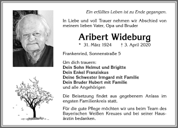 Traueranzeige von Aribert Wideburg von Allgäuer Zeitung, Kaufbeuren/Buchloe