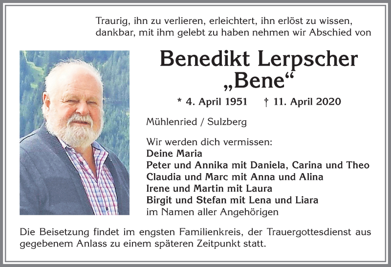  Traueranzeige für Benedikt Lerpscher vom 17.04.2020 aus Allgäuer Zeitung,Kempten