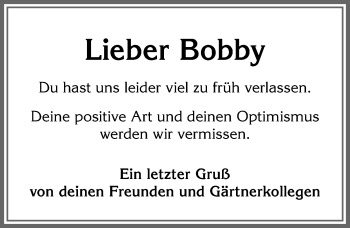 Traueranzeige von Bobby  von Allgäuer Zeitung,Kempten