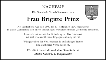 Traueranzeige von Brigitte Prinz von Der Westallgäuer