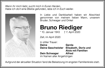 Traueranzeige von Bruno Riediger von Memminger Zeitung