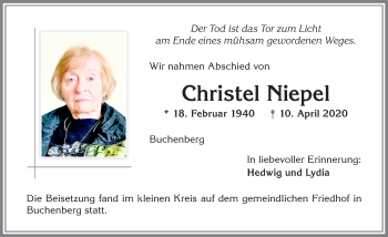 Traueranzeige von Christel Niepel von Allgäuer Zeitung,Kempten
