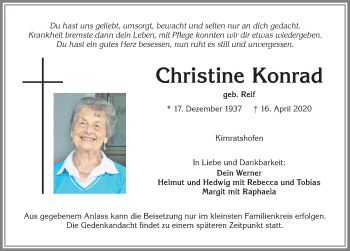Traueranzeige von Christine Konrad von Allgäuer Zeitung,Kempten