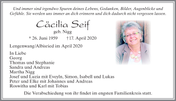 Traueranzeige von Cäcilia Seif von Allgäuer Zeitung, Marktoberdorf