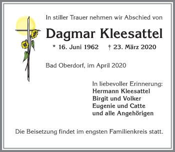 Traueranzeige von Dagmar Kleesattel von Allgäuer Anzeigeblatt