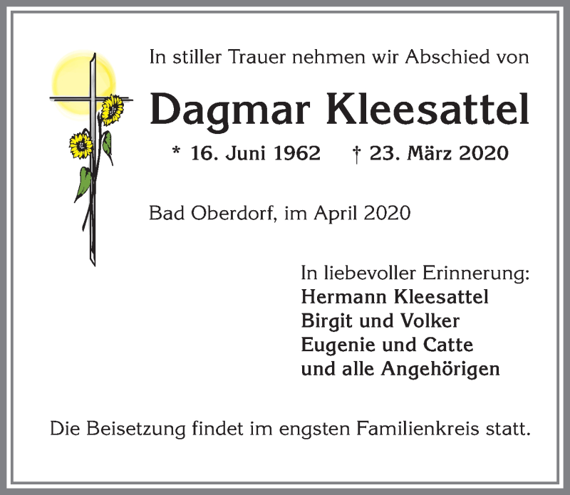  Traueranzeige für Dagmar Kleesattel vom 09.04.2020 aus Allgäuer Anzeigeblatt